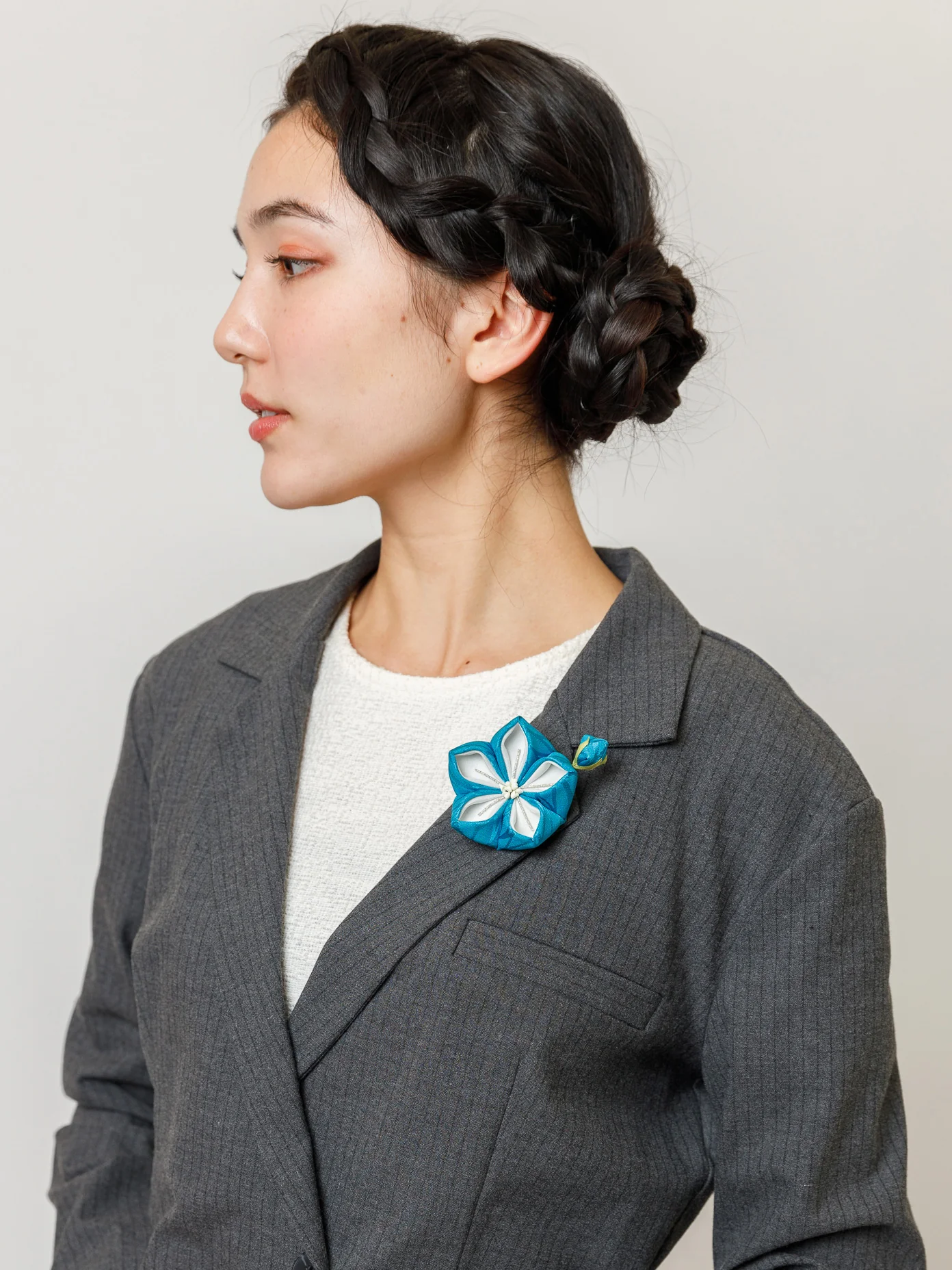 Bellflower Kanzashi Silk Hair Clip/Brooch in Blue - Image 3