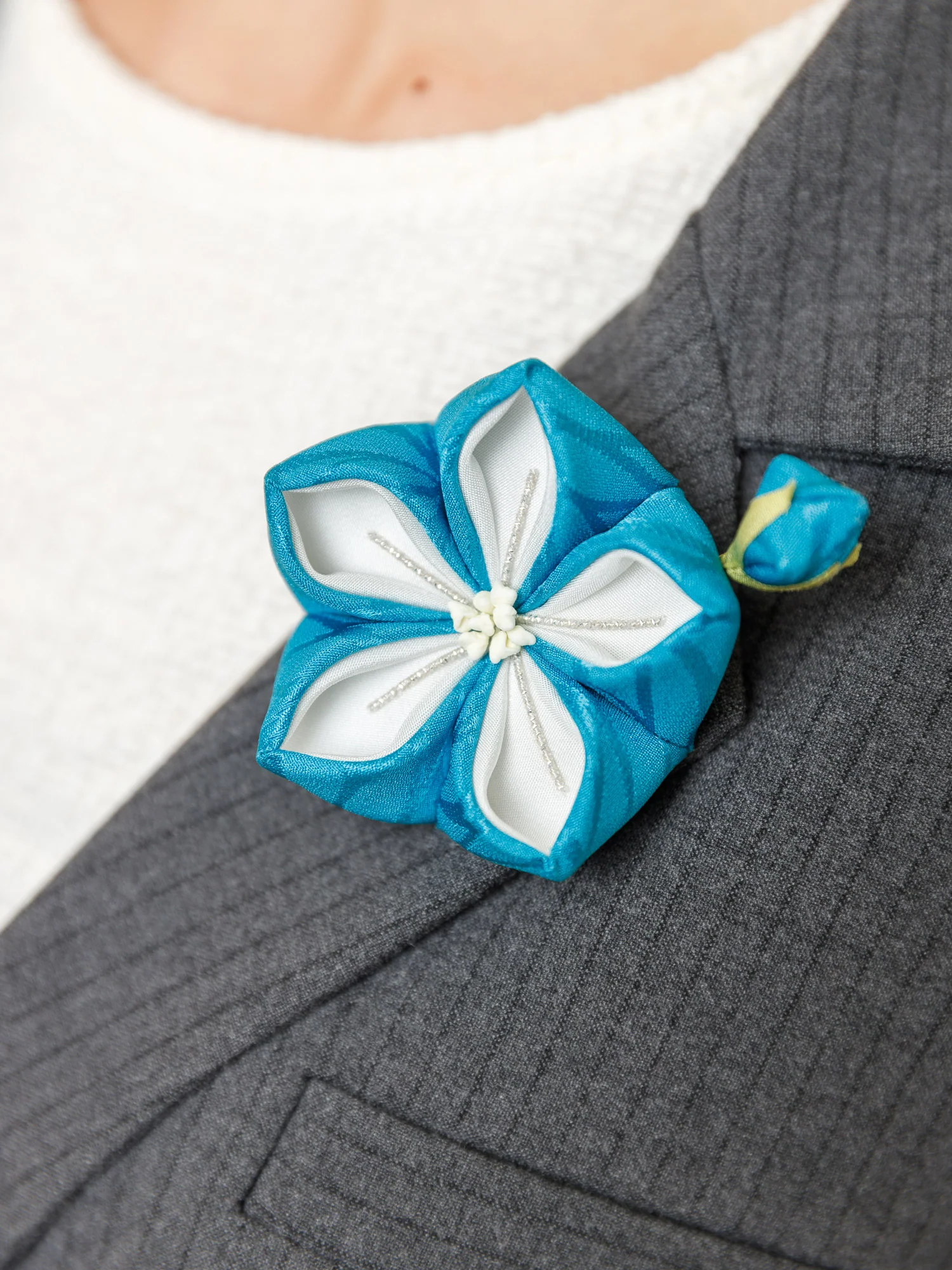 Bellflower Kanzashi Silk Hair Clip/Brooch in Blue - Image 6