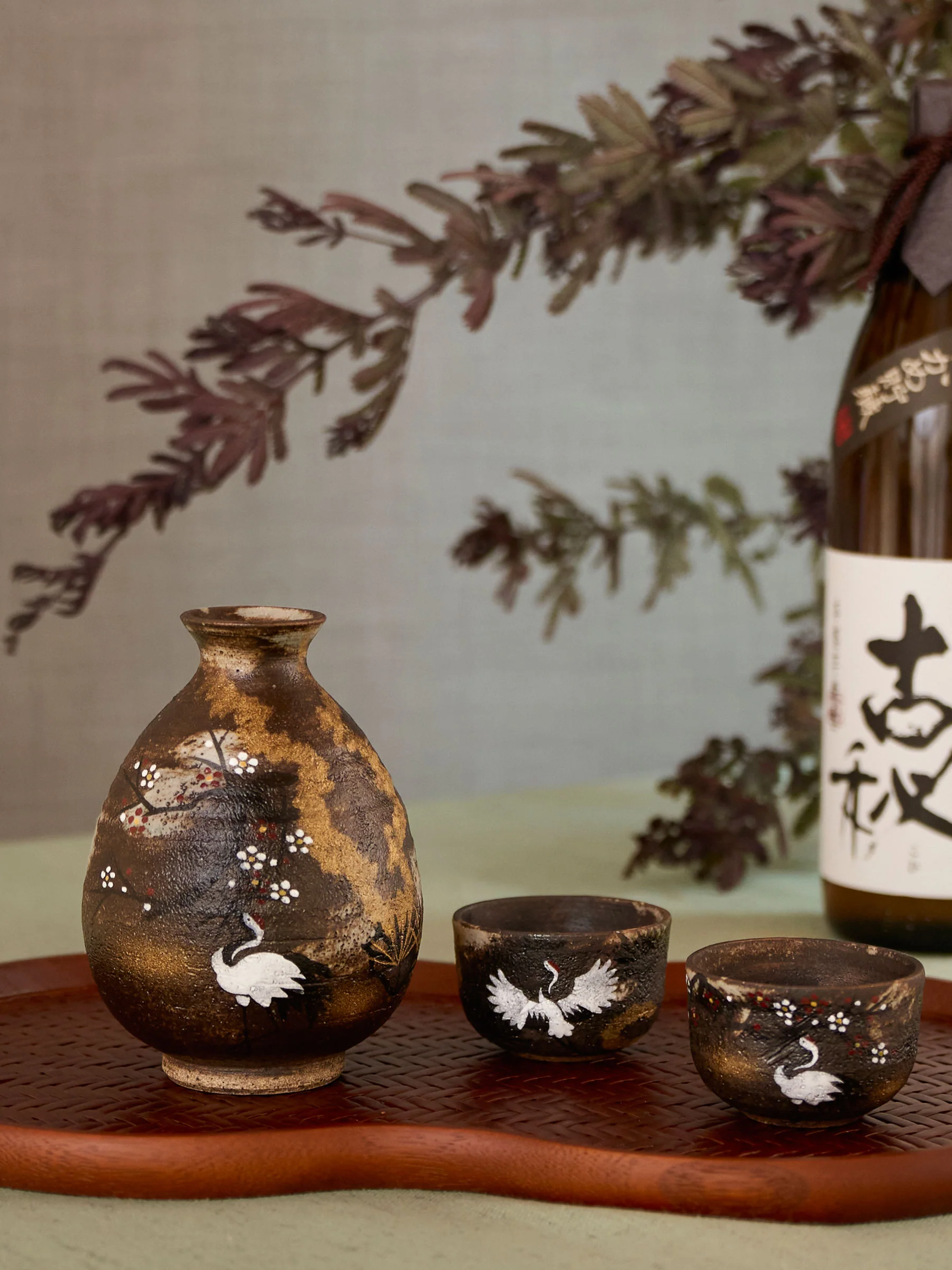 Crane Kyoto Ware Japanese Sake Set by Hachiman - Image 2