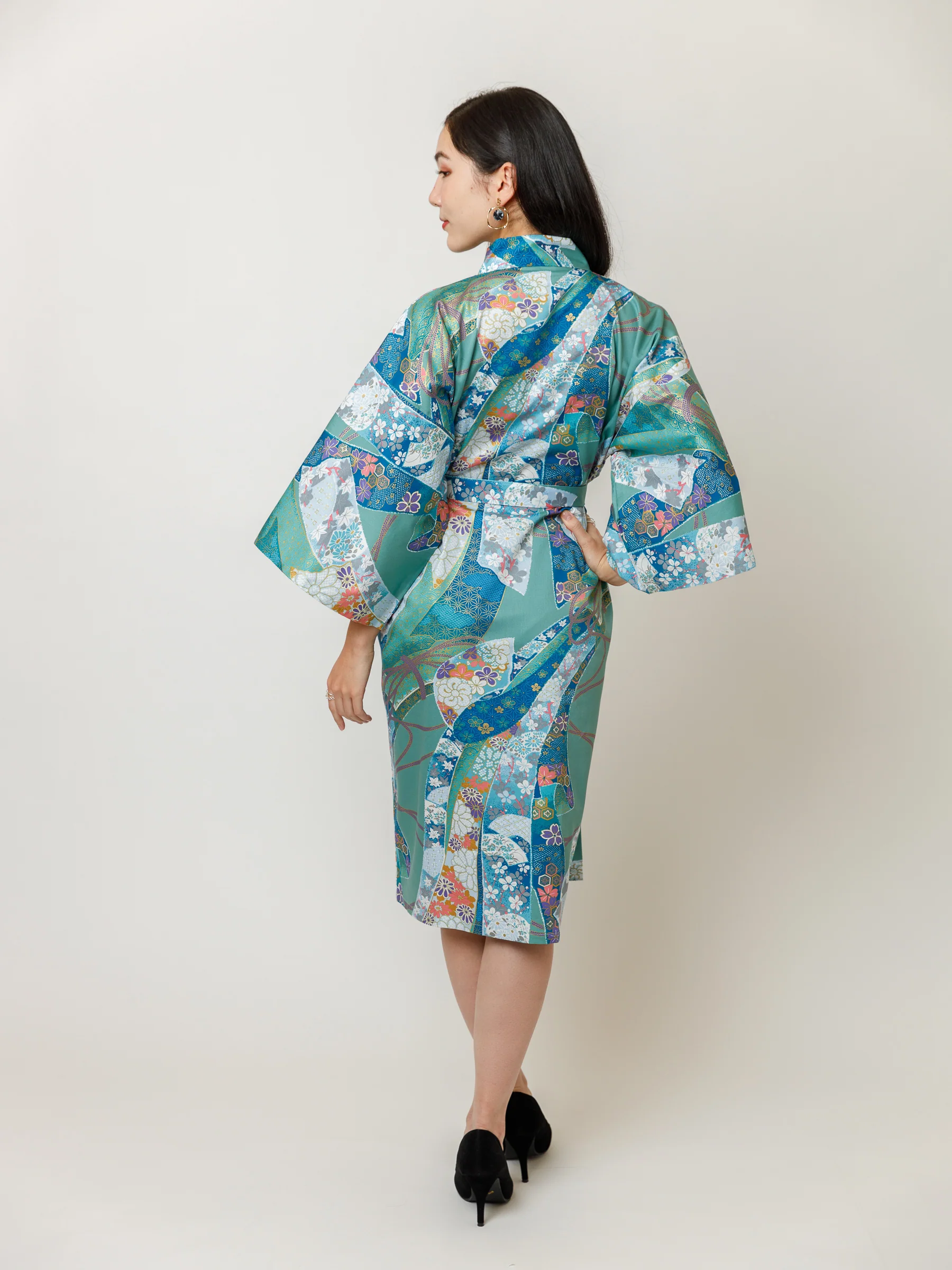 Turquoise Ribbon Cotton-Satin Kimono Robe - Image 3