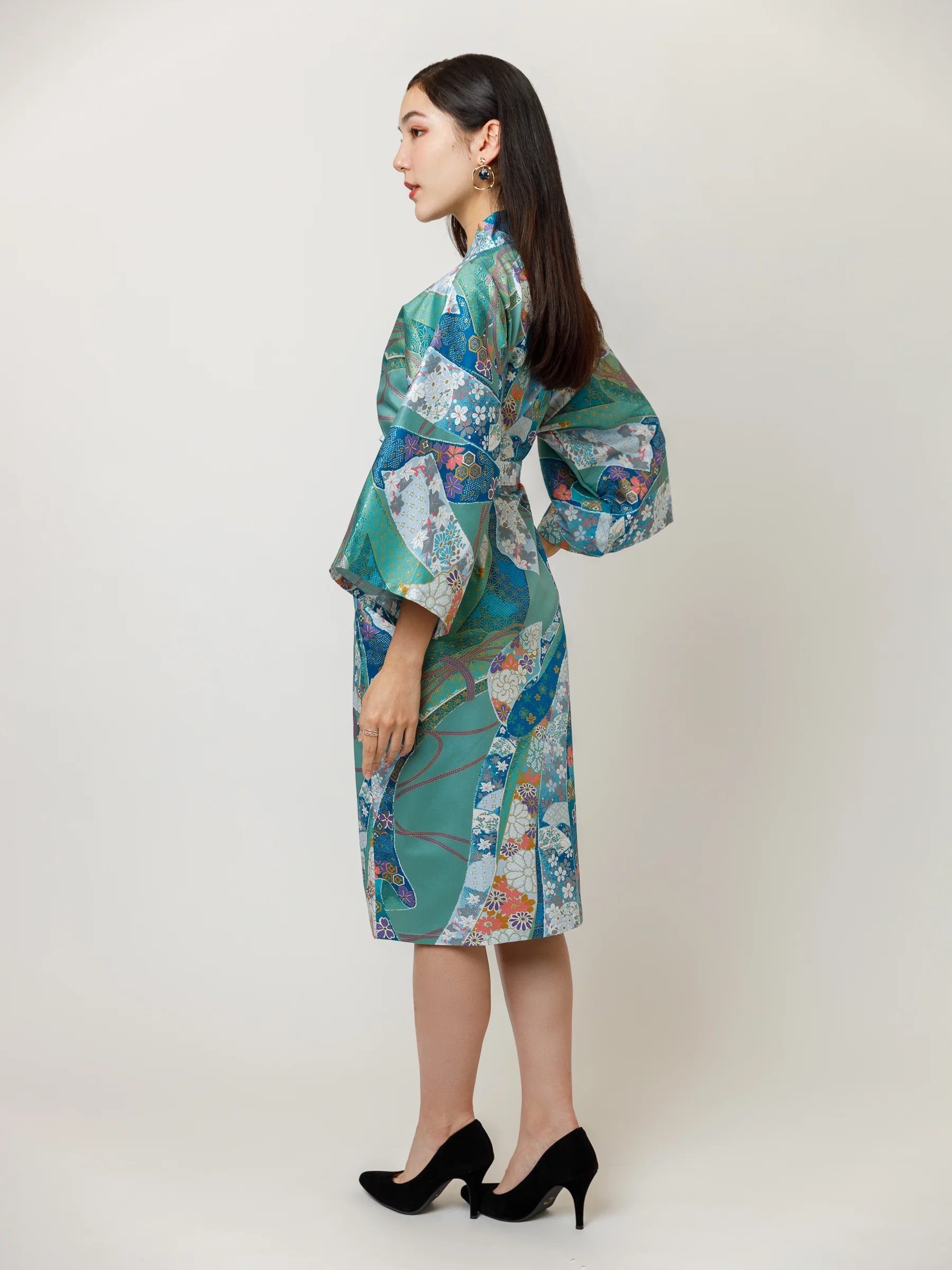 Turquoise Ribbon Cotton-Satin Kimono Robe - Image 4