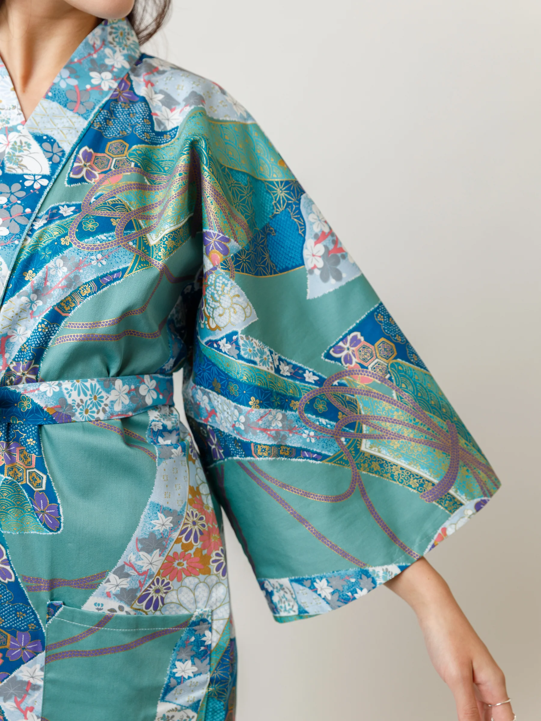 Turquoise Ribbon Cotton-Satin Kimono Robe - Image 5