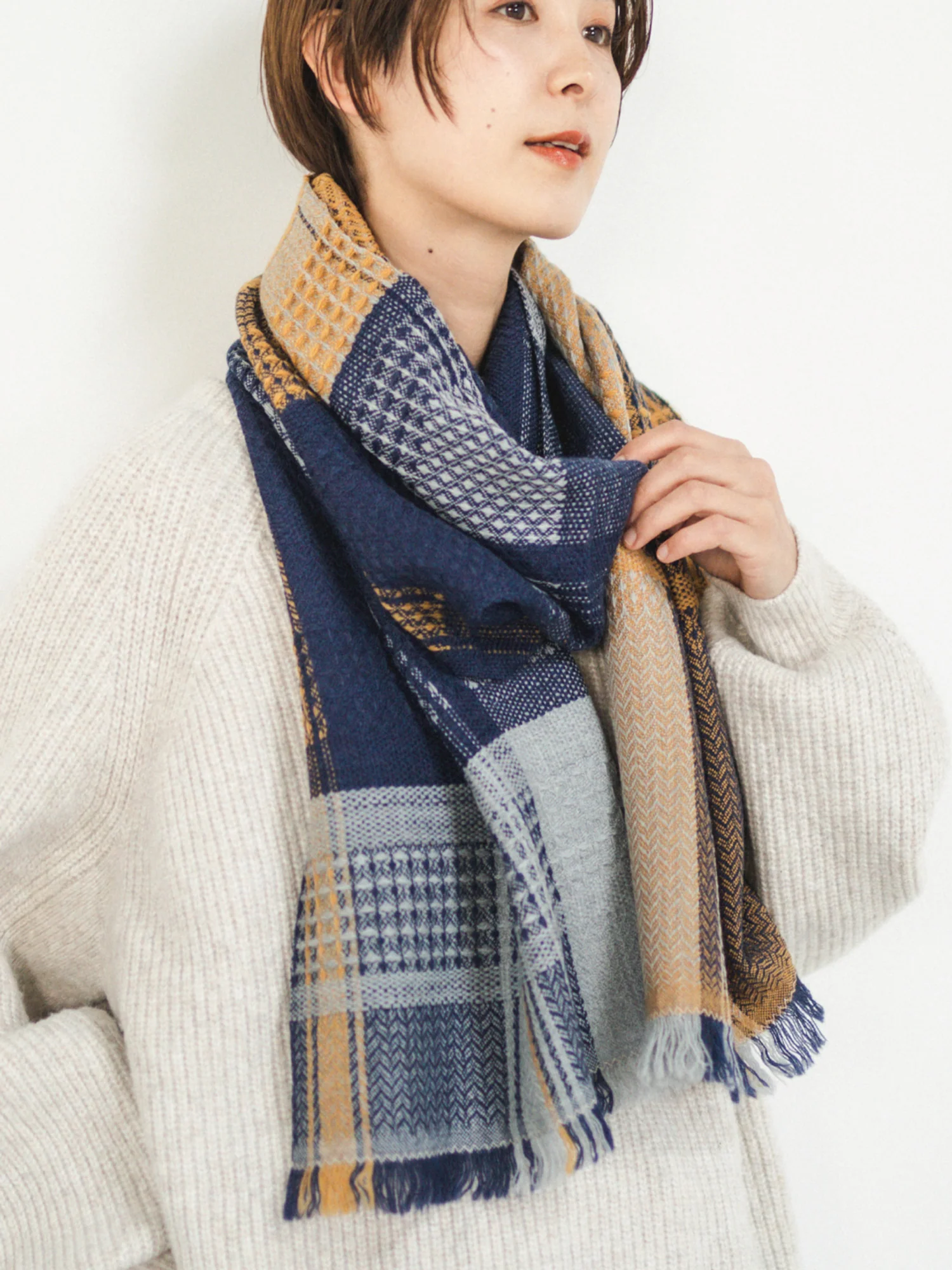 Imabari Artisanal Weave Wool Scarf β Golden Indigo - Image 6