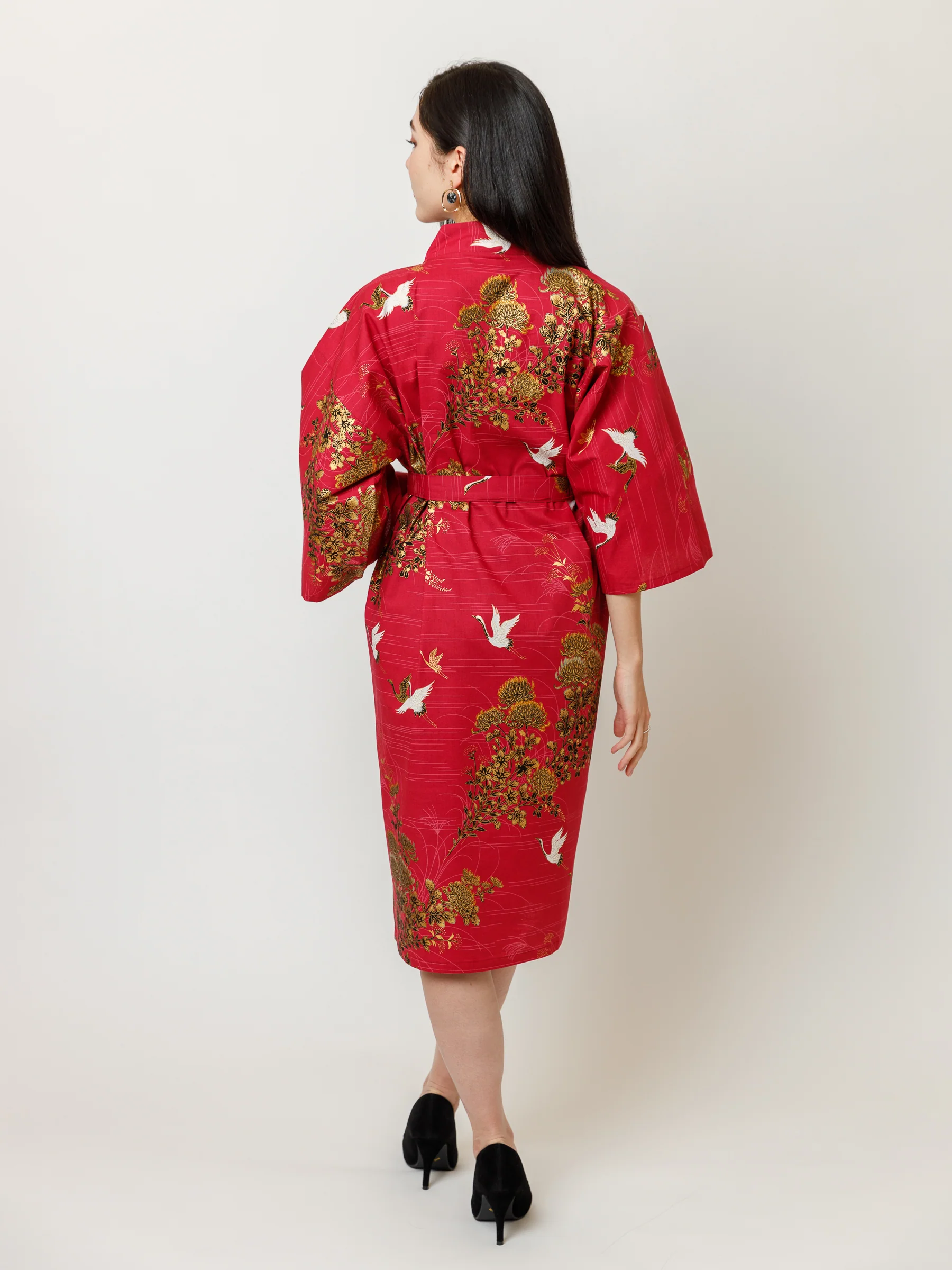 Red Crane Cotton Kimono Robe - Image 3