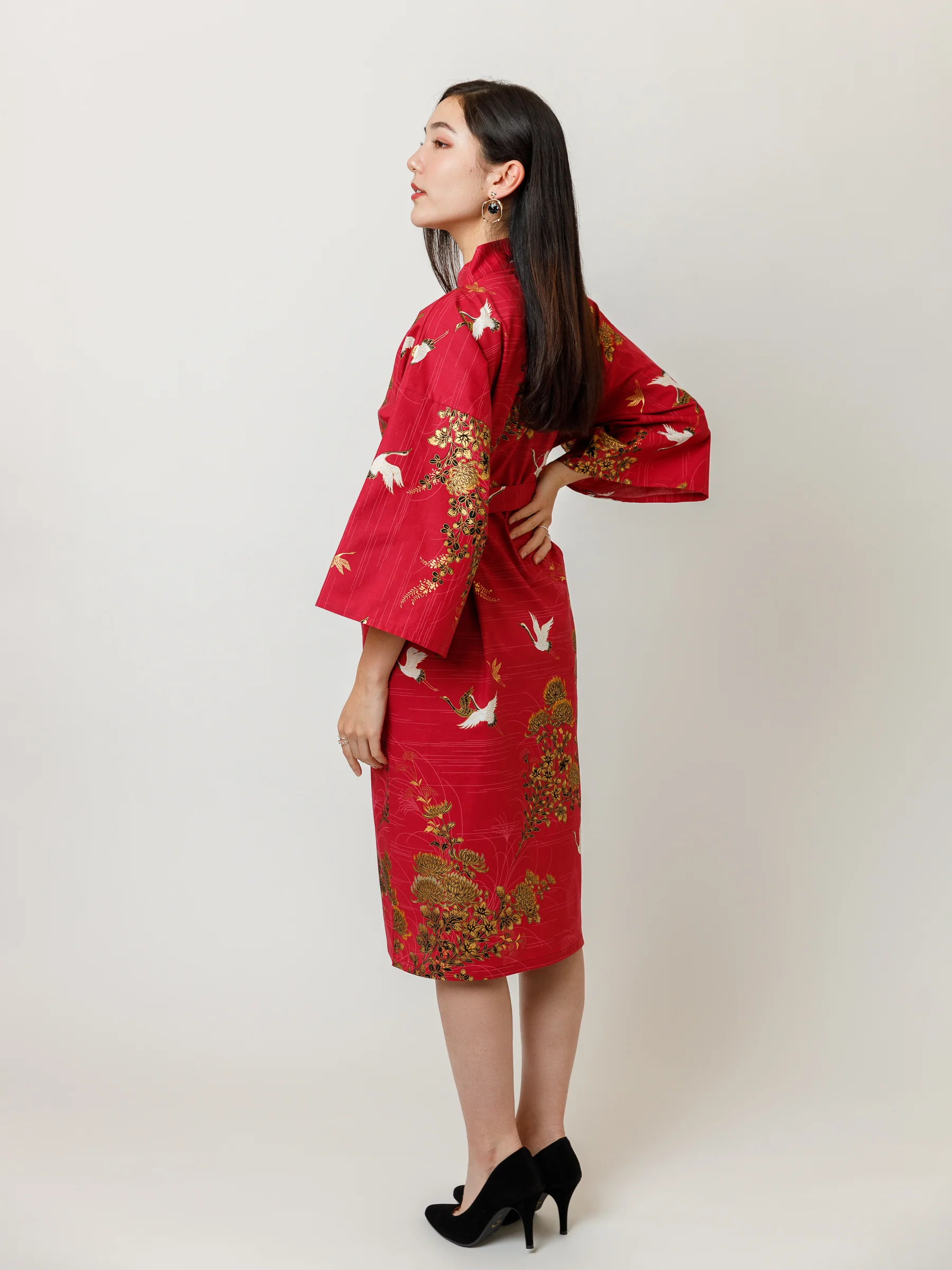 Red Crane Cotton Kimono Robe - Image 4